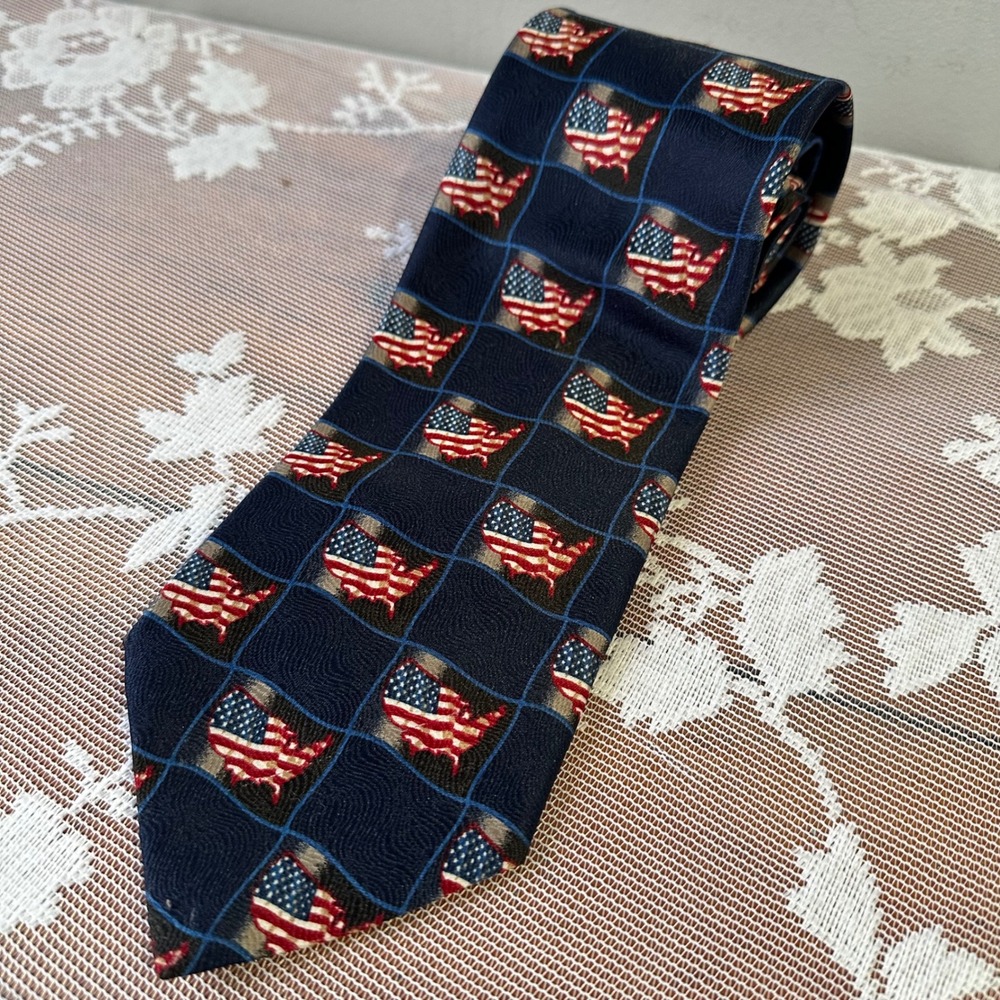 American Flag Map Necktie Mens Polyester Blue USA Patriotic